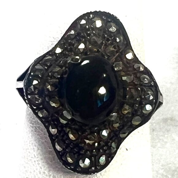 Vtg Black Onyx Marcasite Statement Ring 925 Thailand Silver Size 6.75 Wavy .75" - Picture 3 of 13